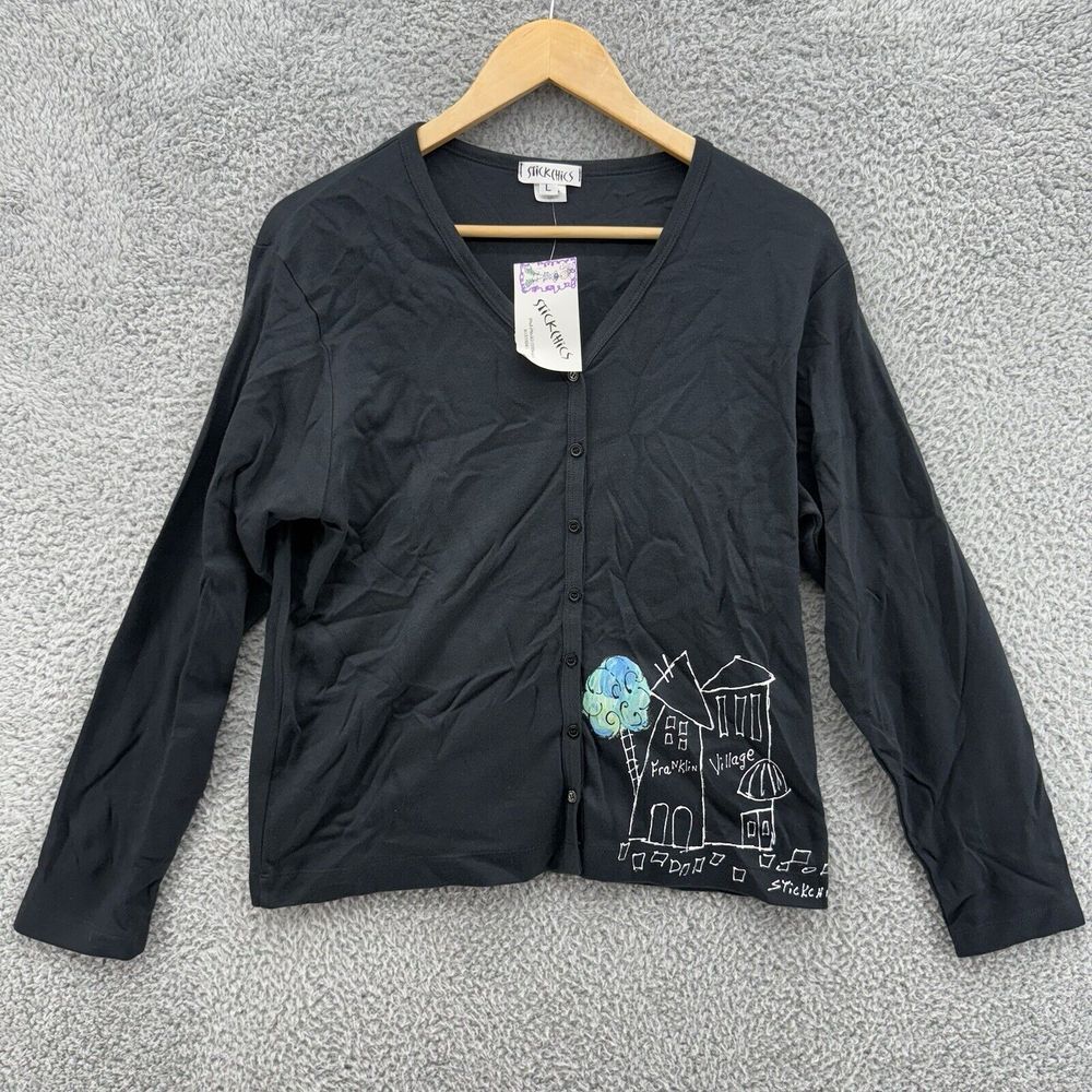 Stick Chics Cardigan Womens L Black Button Hand Painted USA City Art Teacher NWT